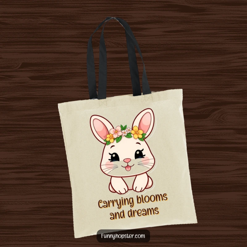 Funny tote bag with a smiling rabbit wearing a tiny flower crown, exuding charm and lightheartedness for everyday use.