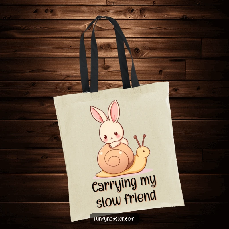 Funny tote bag featuring a tiny rabbit riding comfortably on the back of a friendly, slow-moving snail.