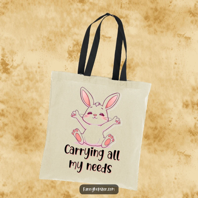 Funny Tote Bag featuring a rabbit stretching its paws upwards, symbolizing relaxation and a carefree attitude.