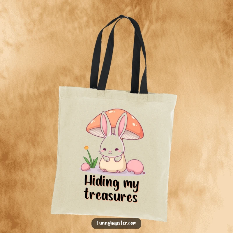 Funny Tote Bag with a shy rabbit's ears peeking over a mushroom, perfect for carrying treasures secretly.
