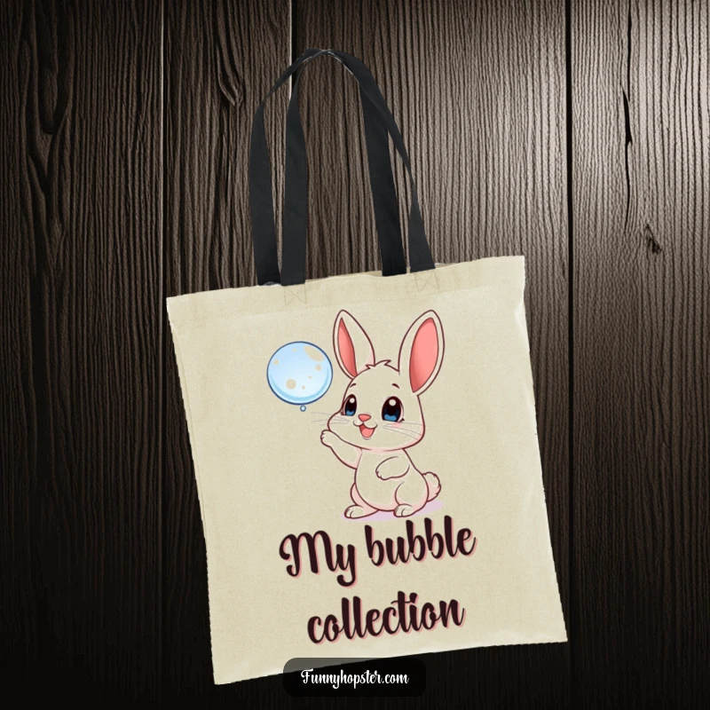 Funny tote bag with a playful rabbit batting at a floating bubble, perfect for carrying daily items with a touch of joy.