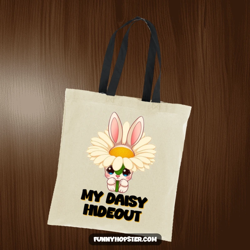 Funny tote bag with a rabbit character with wide, curious eyes peeking out from behind a large daisy, adding a whimsical touch.