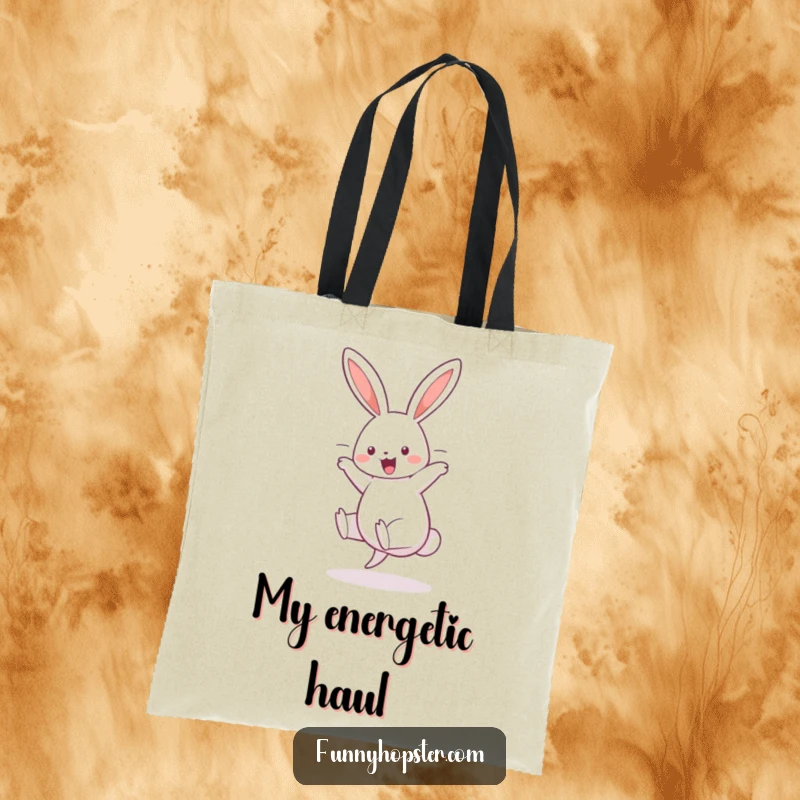 Funny tote bag with a cheerful rabbit doing a cartwheel, ears flying, ideal for carrying daily items with a smile.