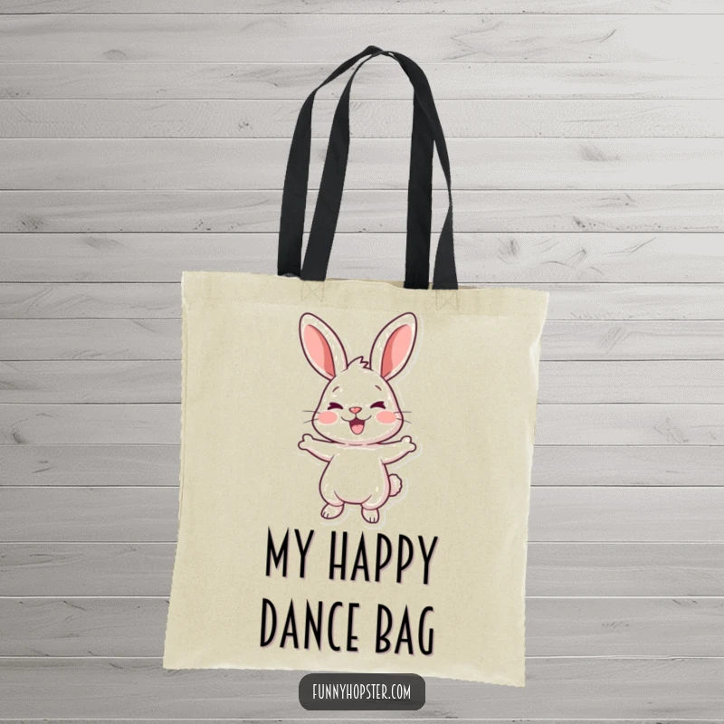 Funny tote bag featuring a cute rabbit character doing a happy wiggle dance, great for everyday use.