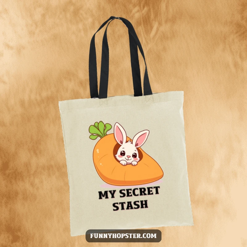 Funny tote bag with a curious rabbit peeking from a giant carrot, perfect for carrying daily items with a playful secret.