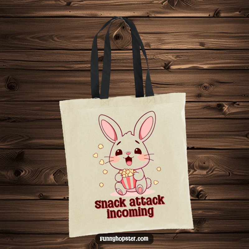 Funny surprised bunny character with popcorn flying everywhere, perfect for a funny tote bag.